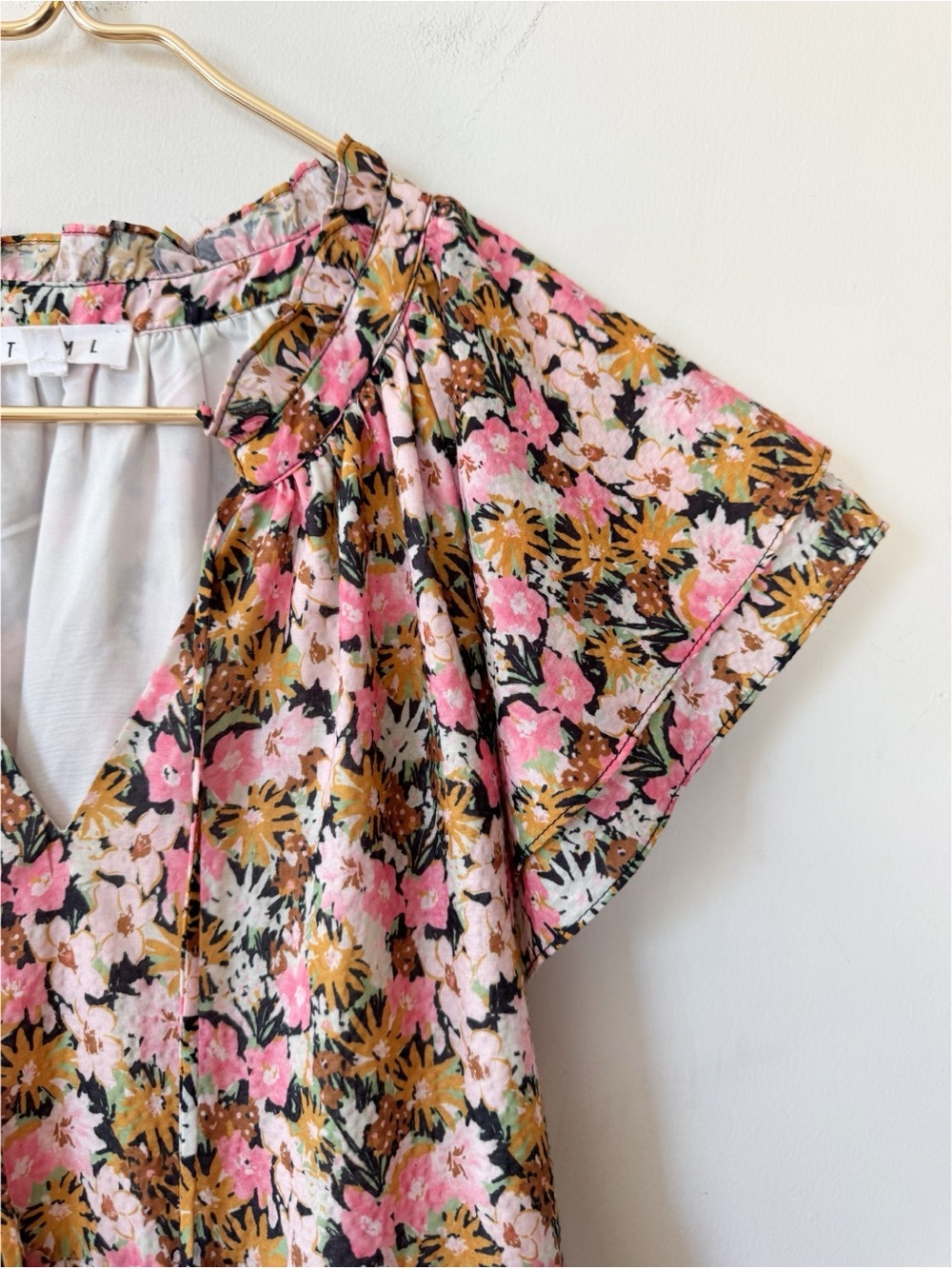 THML Pink and Gold Floral Seersucker Tiered Babydoll Dress Pockets XL - Picture 3 of 8
